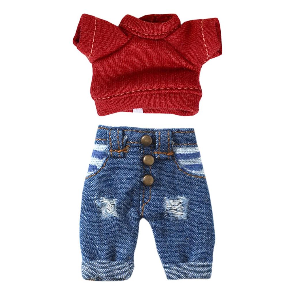 Xyrmync OB11 Clothing Plain T-shirt Ripped Jeans Obitsu 11 112bjd Doll 11cm Body Compatible (Red)