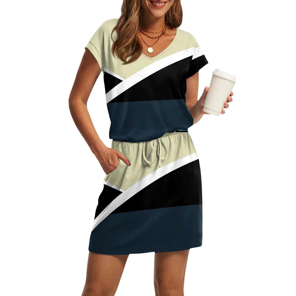 Damenmode V-Ausschnitt Kurzarm Kordelzug mit Tasche Bedruckte Freizeitkleider