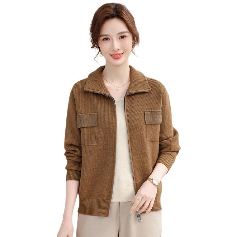Middle-aged and old women's lapel-neck knitted sweater cardigan women's new mother spring and autumn fashion coat