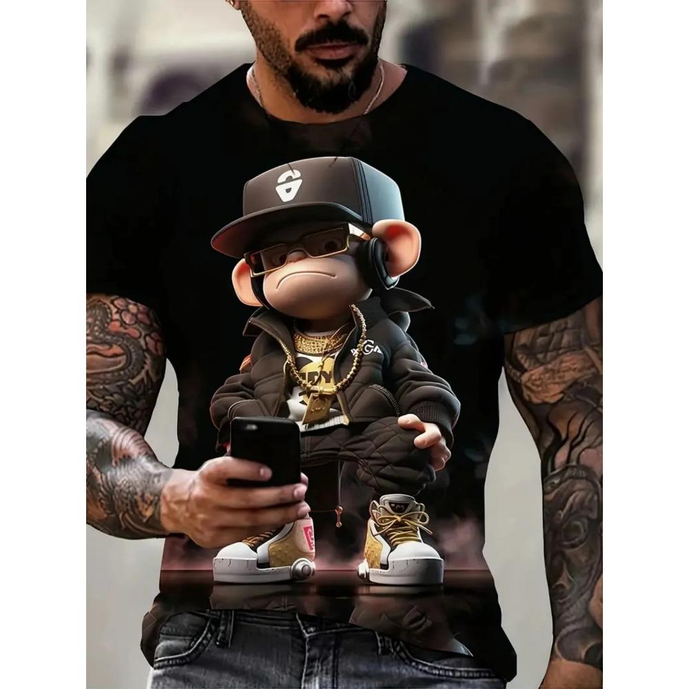 Summer Men Monkey Pattern T-Shirt Hip Pop Short Sleeve Fashion Comfortable Soft Large Size Round Neck T-Shirt