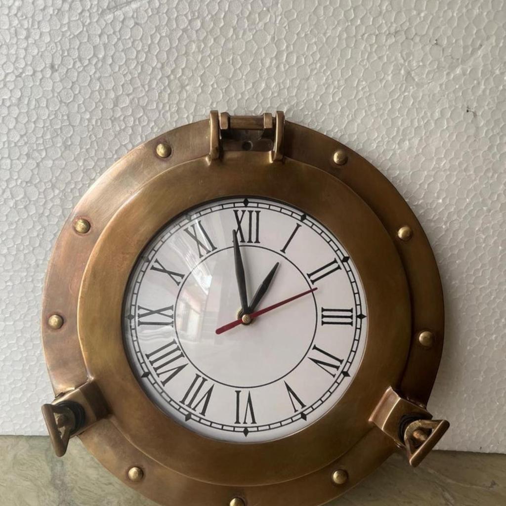 12-Inch Brass Antique Ship Porthole Clock - Nautical Marine Timepiece - Silent Analog Battery Quartz Wall Decor for Home & Office