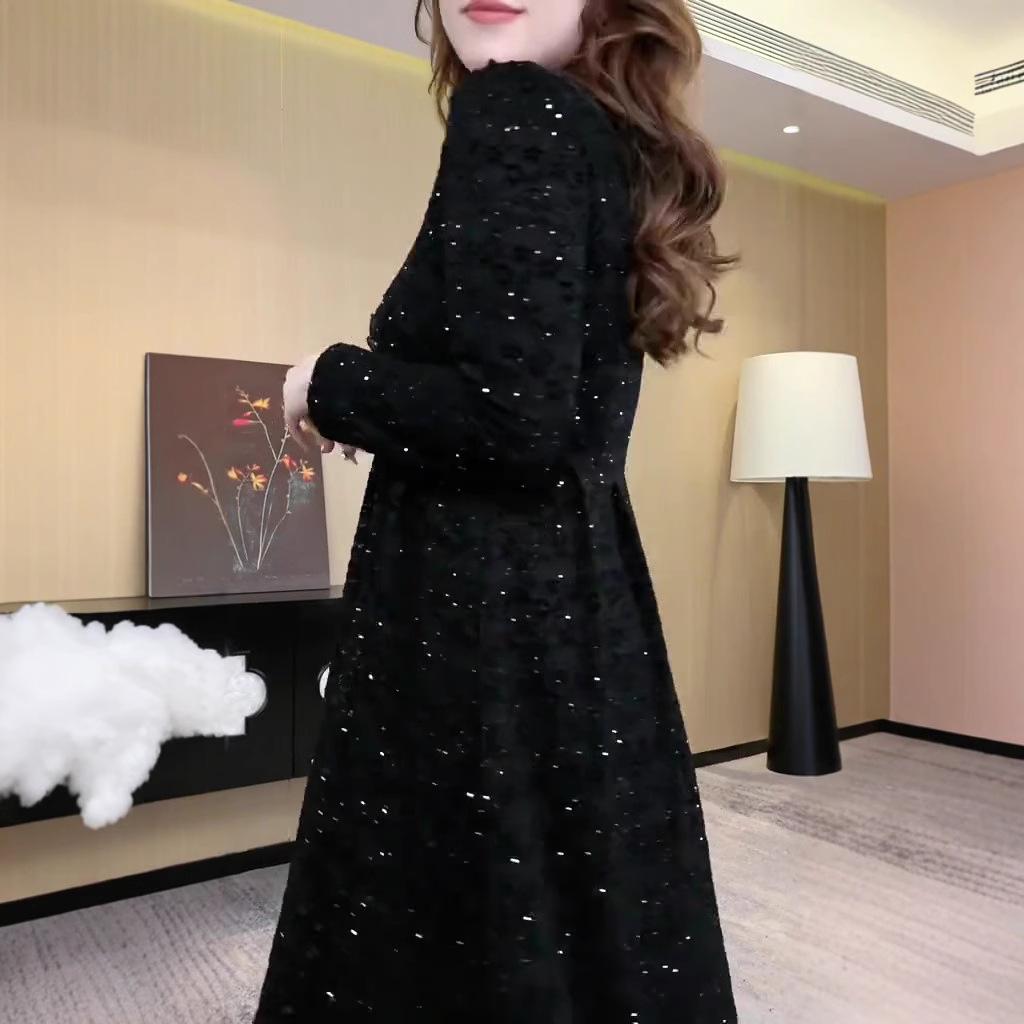 Spring Light Luxury Lace Evening Gown - Plus Size, Long Sleeve, Shiny Casual Dress for Women