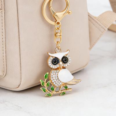 Owl-Shaped Keychain with Enamel Accents Sparkling Rhinestone Car Key Ring for Women Wisdom Symbol Pendant for Bags Keys