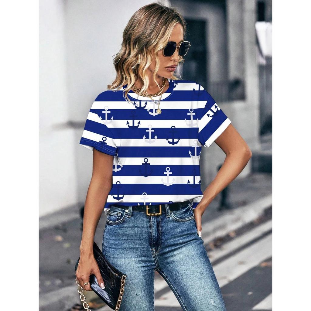 Summer Round Neck 3D Anchor Pattern Stripe Print Top Fashionable Casual Short Sleeved Women's T-shirts