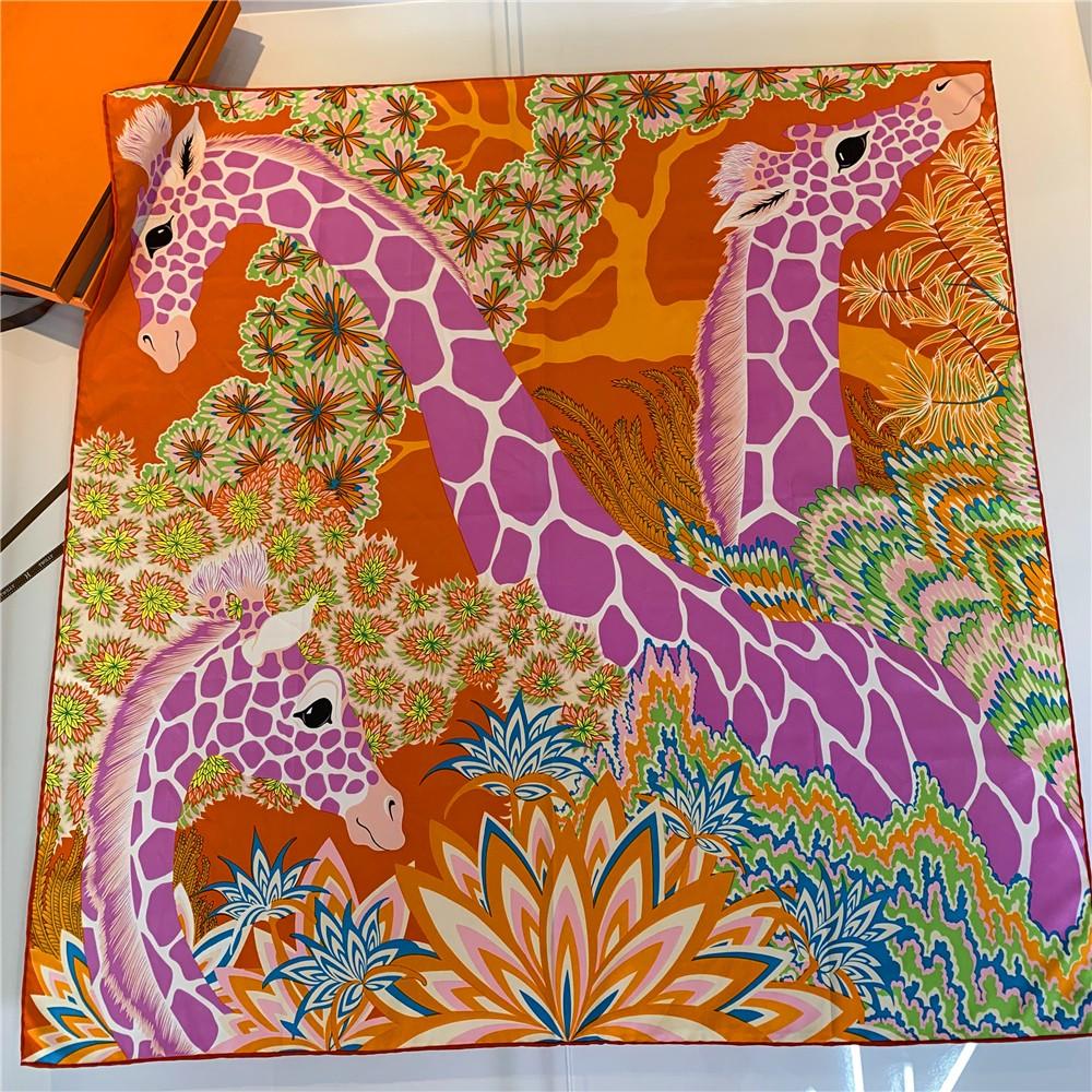 Trois Girafe Hijabs Foulard Femme Bandana Fait Main Sergé Bouclé Soie Carré Foulard de Luxe Foulards de Tête Écharpes 90Cm