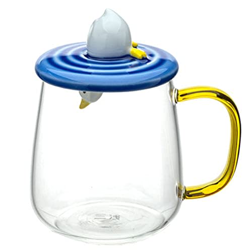 400ml Heat-resistant Glass Mug with Blue Wave-patterned Lid (with Diving Duck Decorative Handle) and Blue Lid Holder