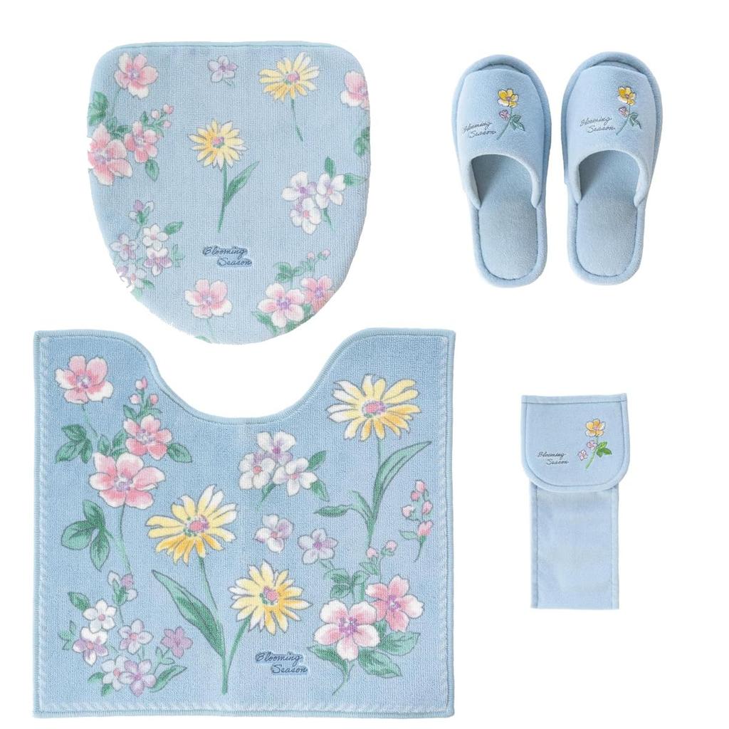 4-Piece Toilet Mat Set, Made In Japan, Scandinavian Style, Suitable for Both Heated and Washing Toilets, Dorenimo Blue, Yellow for Good Fortune, Feng