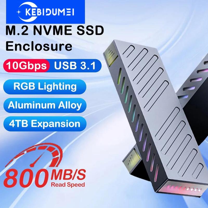 M.2 NVMe SSD Enclosure 10Gbps PCIe SSD Case Aluminum Alloy External Hard Drive Box USB 3.1 Interface RGB Colorful Light Tool Free Support UASP