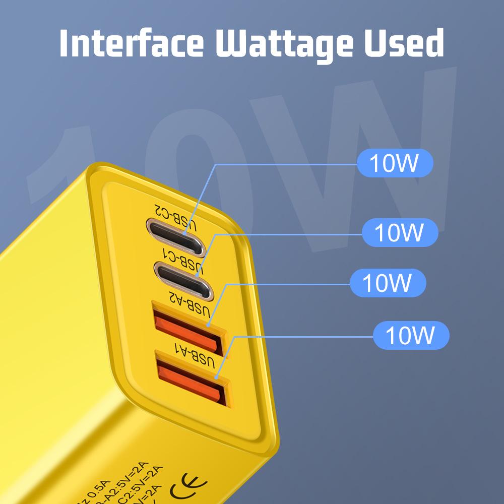 2.4A Multi-port Charger: Dual Type-C PD + Dual USB for Mobile Phones, Travel-Ready