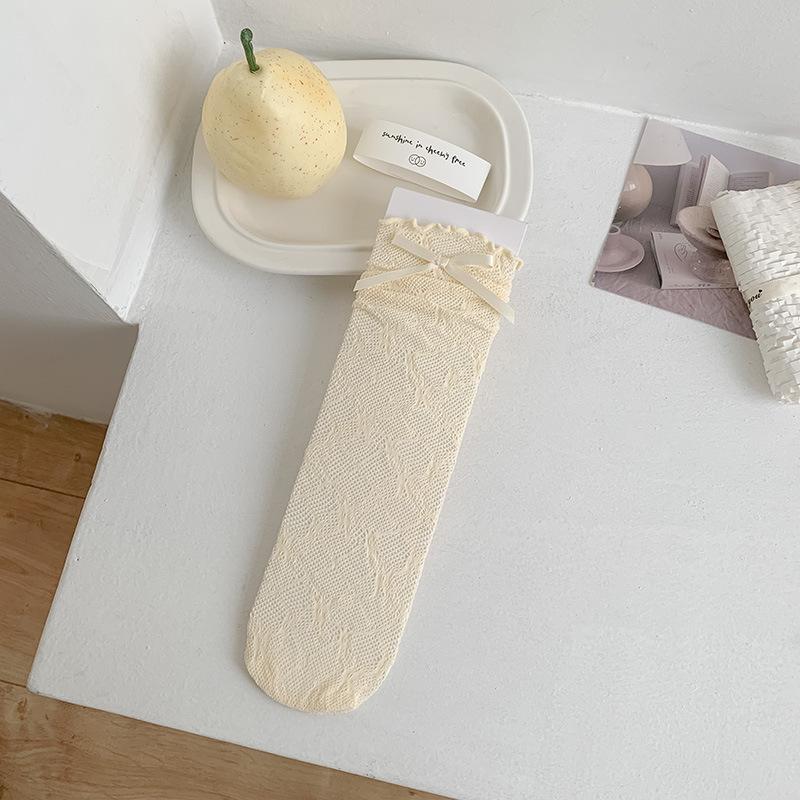 

Женские летние тонкие милые носки с бантиком, деревянным краем и сетчатой дышащей кружевной отделкой в балетном стиле 1 pair бежевый