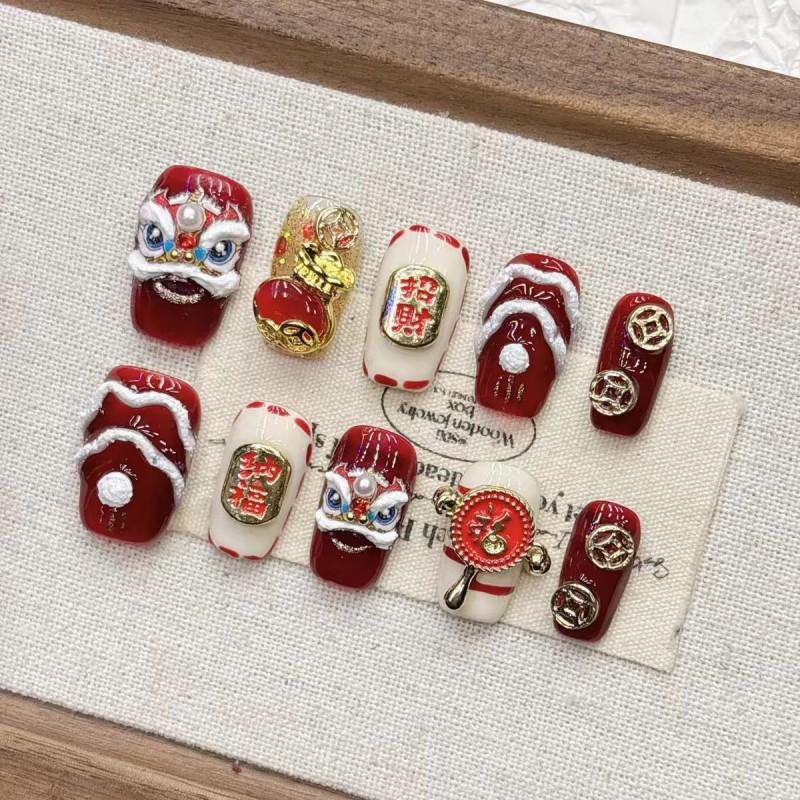 Handcrafted Red Lion New Nail Art Set Premium Wearable Press-On Nails Short Medium Long Almond Shape Medium
