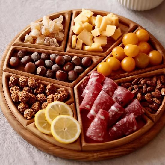 Wood Serving Tray Divided 8-Section Snack Dessert Platter Food-Grade Safe Round Serving Plate for Appetizers Nuts Dips Picnic