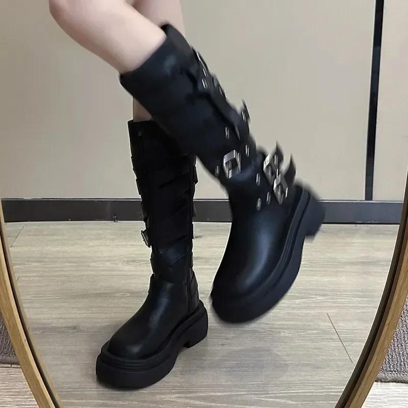 2024 Shoes for Women Side Zipper Women's Boots Winter Round Toe Solid High Tube Platform Chunky Heels Knight Boots