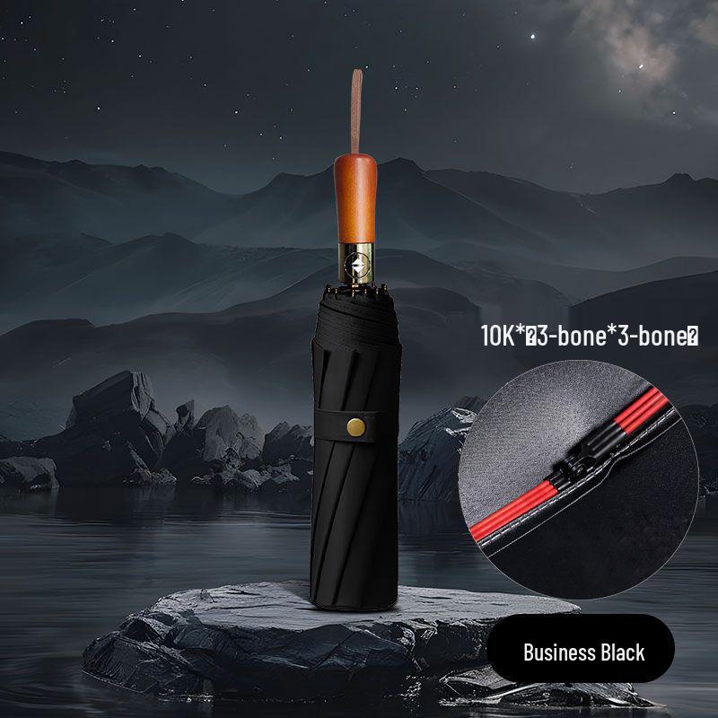 10K Automatischer Faltregenschirm mit schwarzem Kleber - Dreifach faltbar, Schutz vor Sonne & Regen mit Holzgriff.