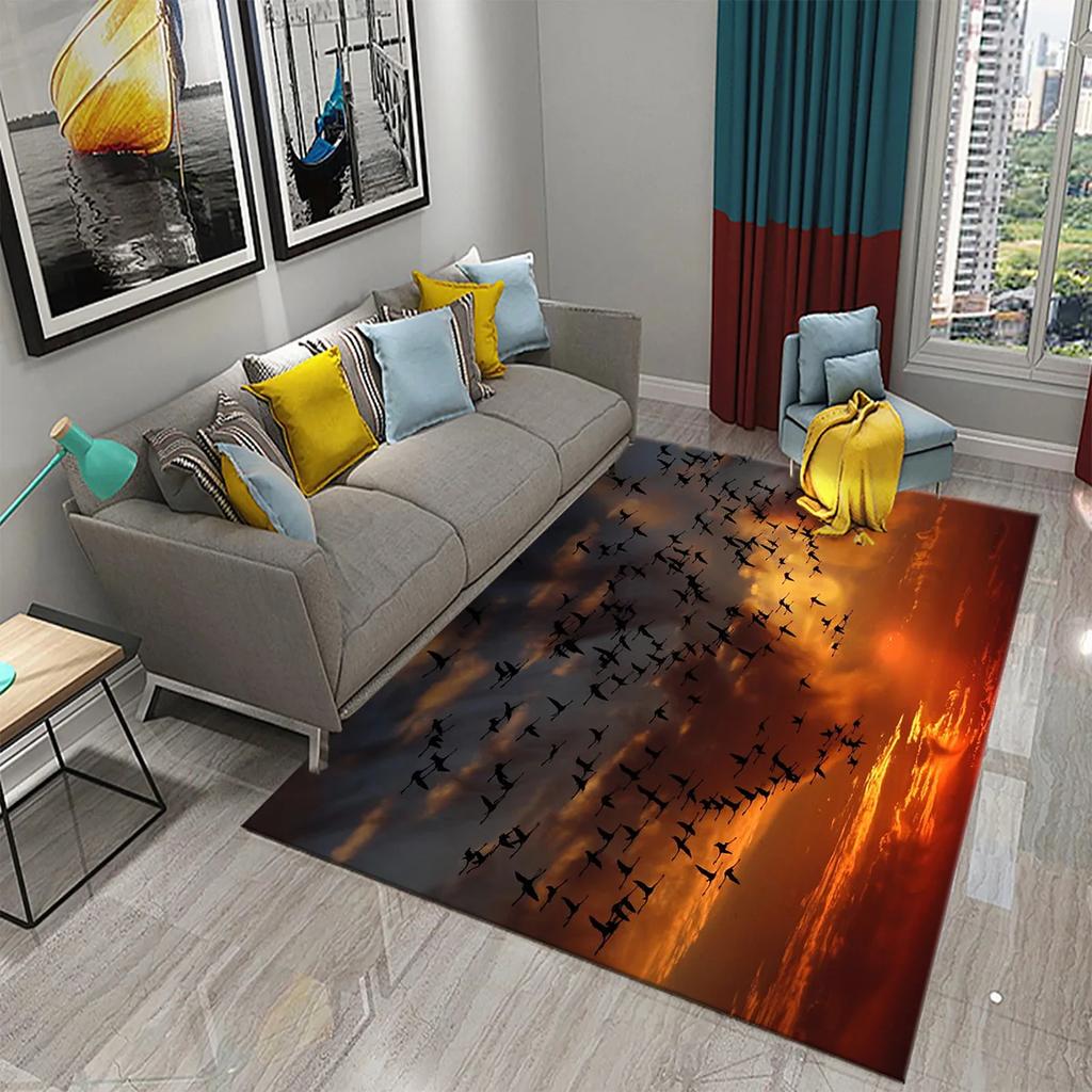 3D Migratory Birds Carpet Sunset Seaside Birds Rugs for Kitchen Bathroom Anti-Slip Carpet Living Room Bedroom Floor Decor Mats