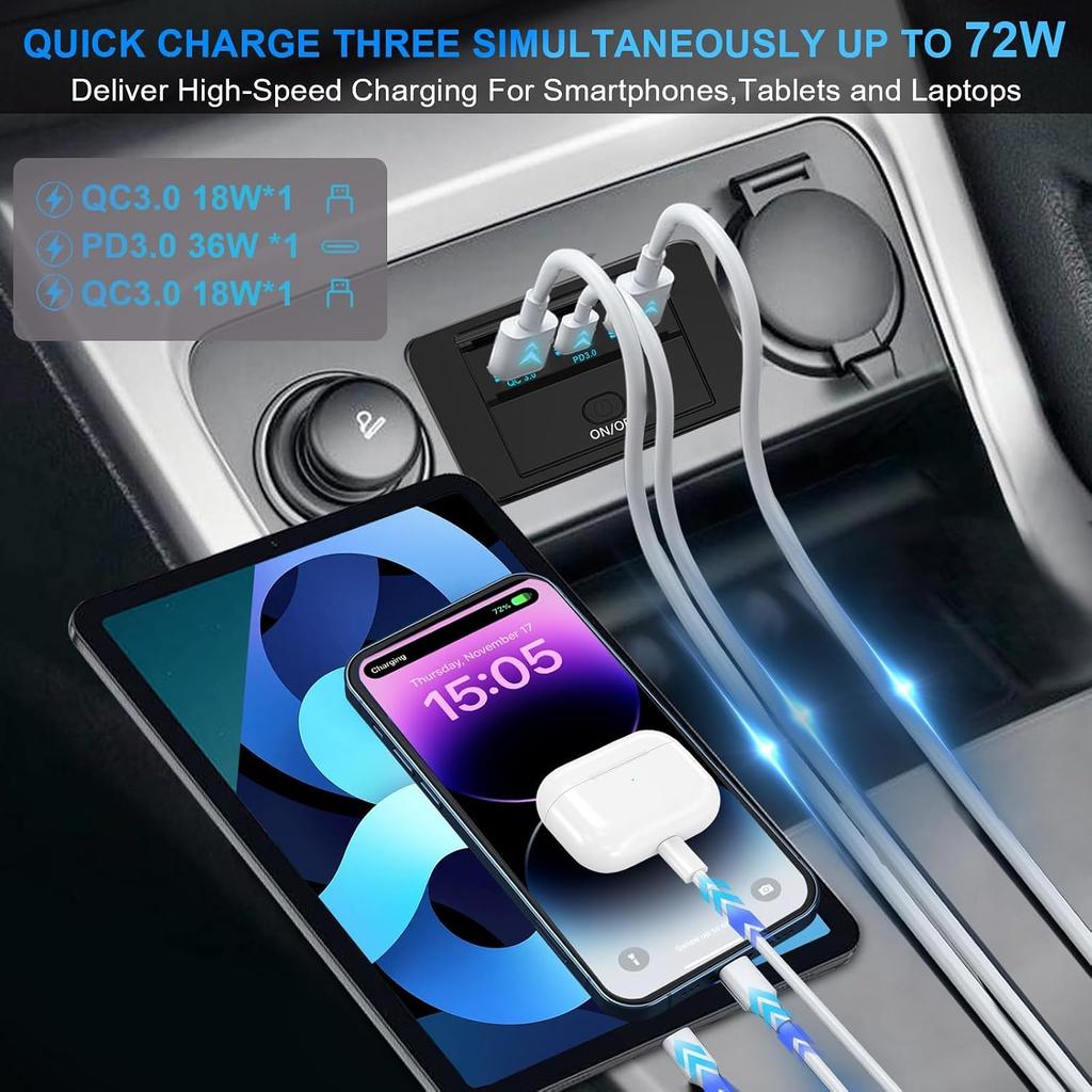 2PCS 3 Ports 12V RV USB Outlet 72W, Gibbab Dual USB QC3.0 36W & PD3.0 Type-C Quick Charge 36W Panel Wall Mount, Automotive Car Socket Charger Adapter