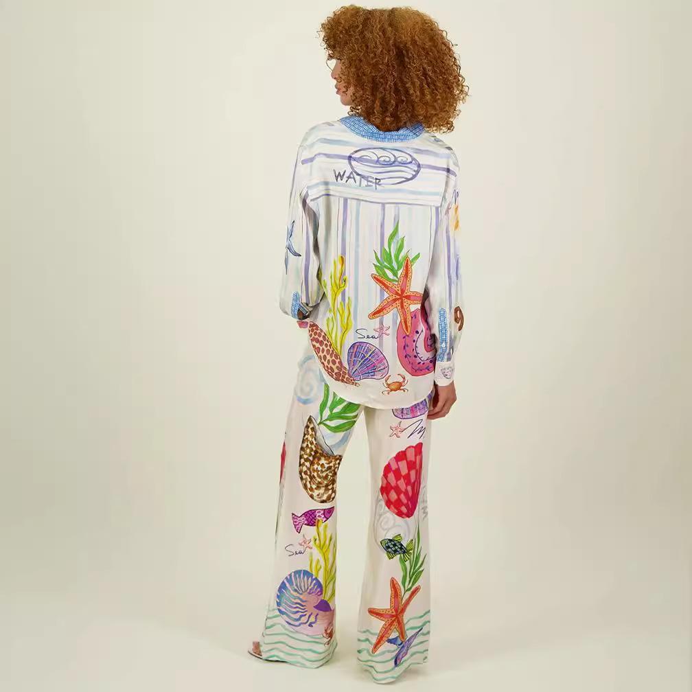 Satin Print Loose Pants Sets Women Causal Long Sleeve Shirts Two Piece Sets Female Outfits Streetwear
