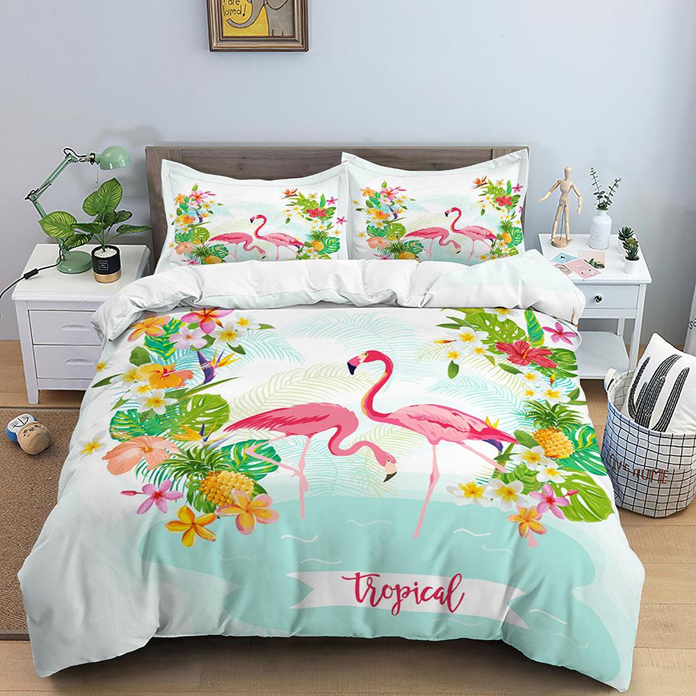 Animal Flamingo King Queen Duvet Cover Cartoon Pink Tropical Bird Bedding Set For Kids Teens Aduls Blue Soft 2/3pcs Quilt Cover