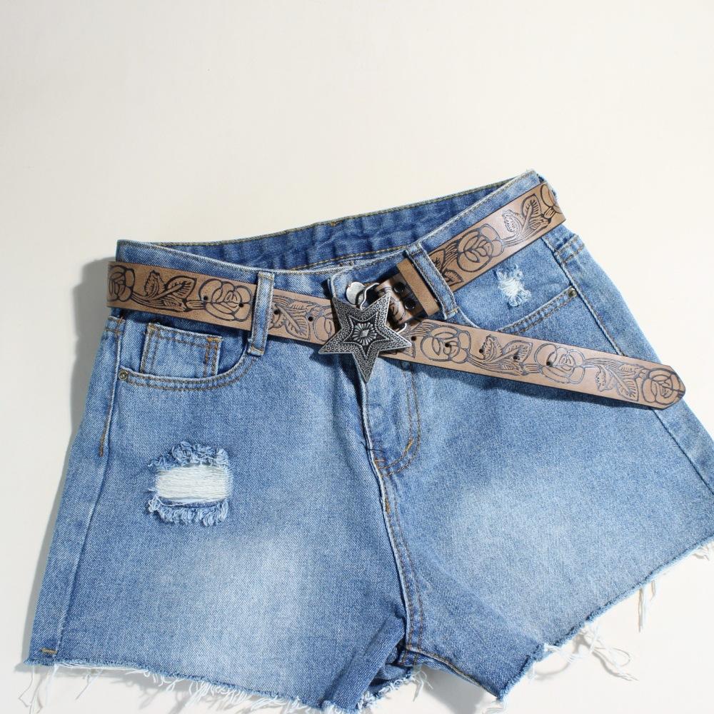 American Retro Western Style Star Embossing Old Belt Female, Niche Design Spice Girl Brown Belt