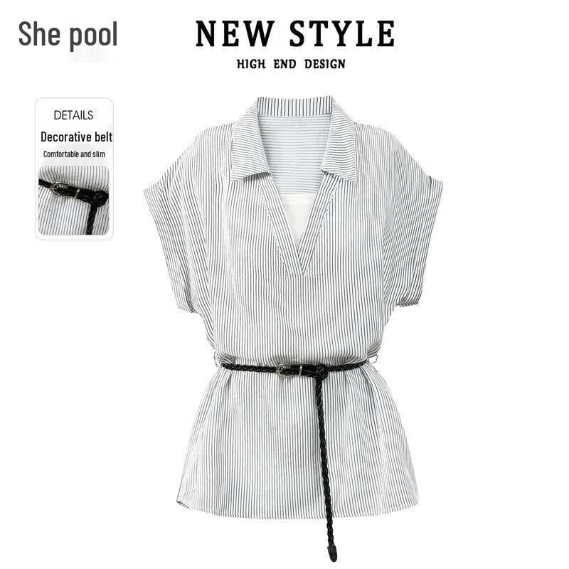 Women s Faux Two-Piece Striped Commuter Blouse One Size