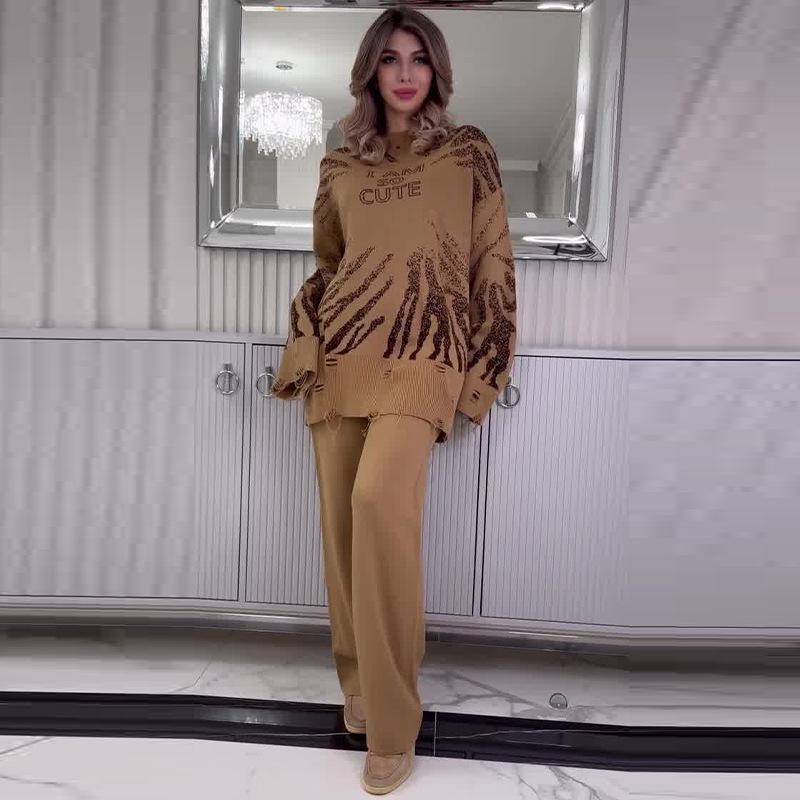 

Осенний женский модный рваный свитер и повседневные длинные брюки, комплект 2024 XS верблюд