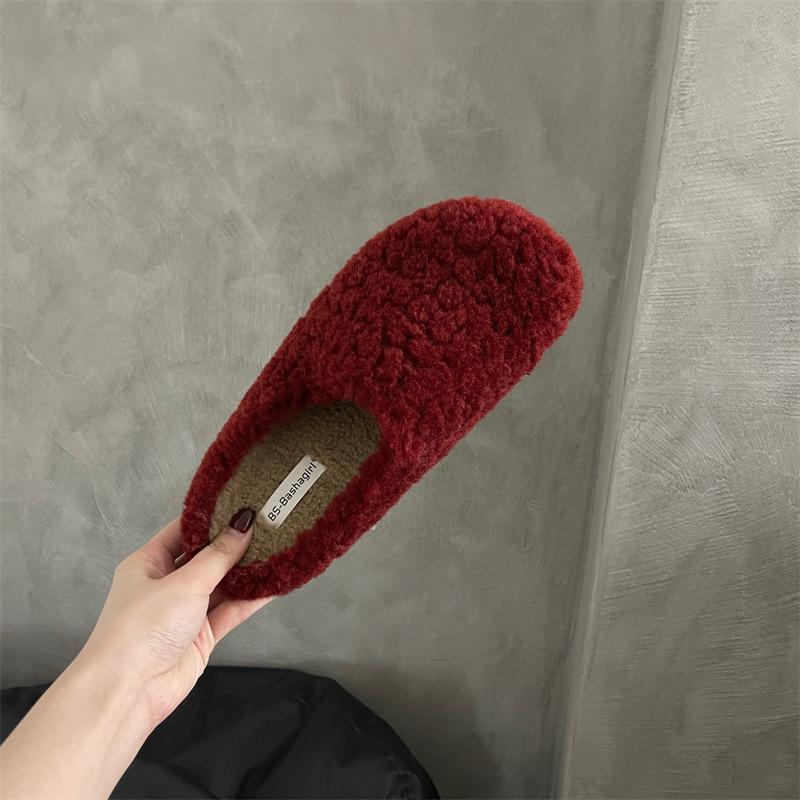 Retro lamsvacht pluche pantoffels dames 2025 herfst en winter nieuw tas hoofd sleep fee lui katoen sleep één pedaal