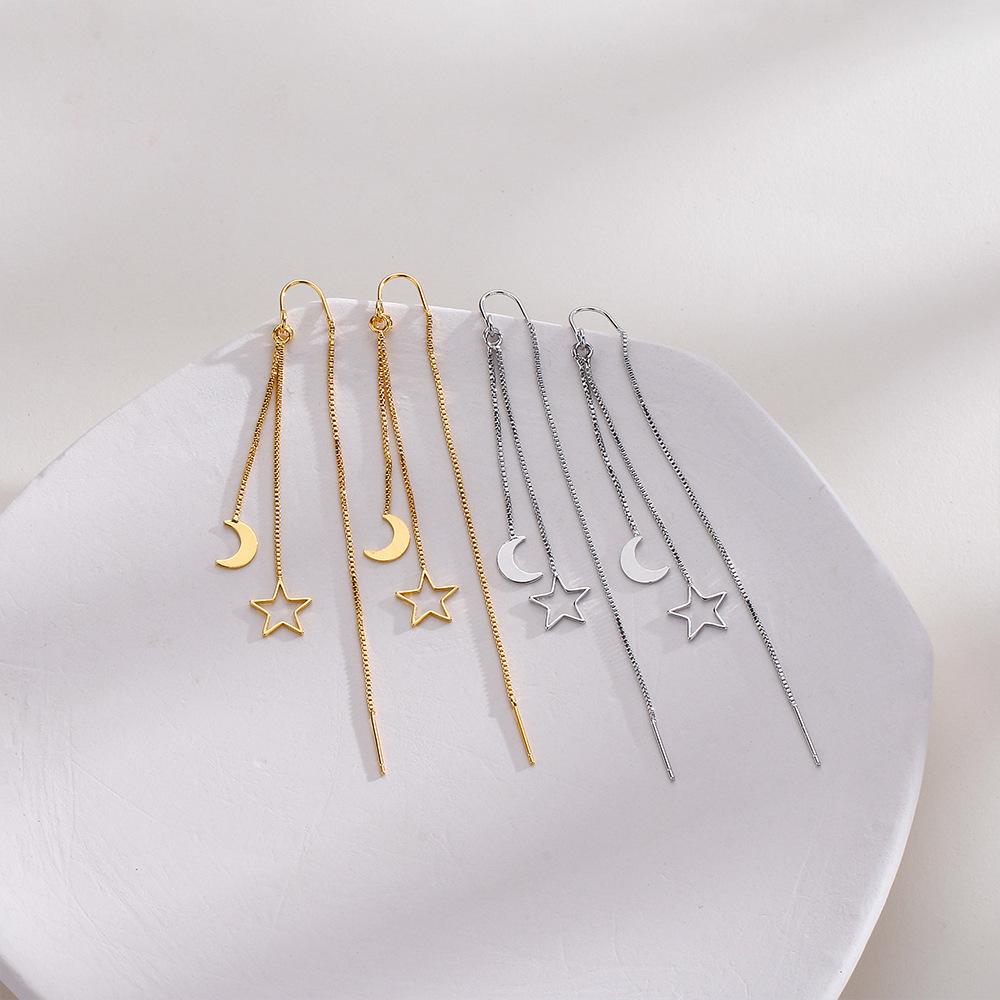 Cercei Stea Lună din Argint Sterling cu Ciucuri pentru Femei Simpli Lungi Decupați Cercei cu Temperament Accesorii de Modă