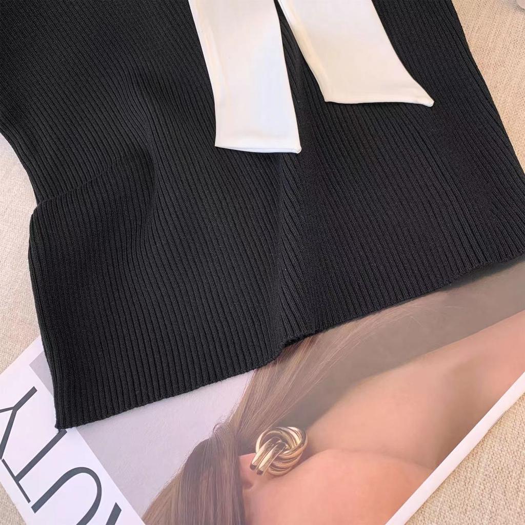 Summer Women Sleeveless Lace-up Collar Solid Knitted Sweater Tops