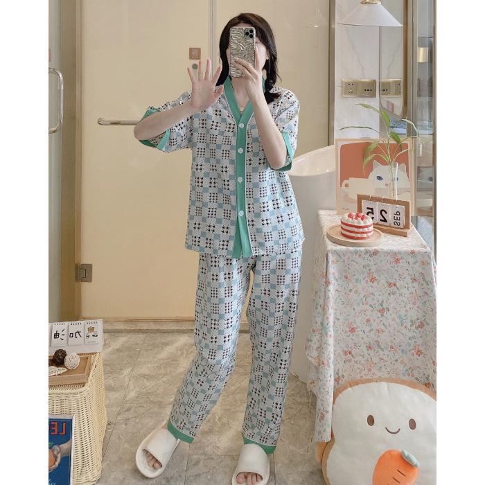 "Set de pijama pentru femei cu mânecă scurtă și decolteu în V - Bumbac Sweet Home & Îmbrăcăminte de exterior"