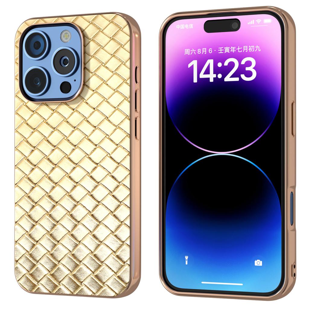 For iPhone 16 Pro Max Case Woven Texture Electroplating Edge Leather Coated PC+TPU Phone Cover
