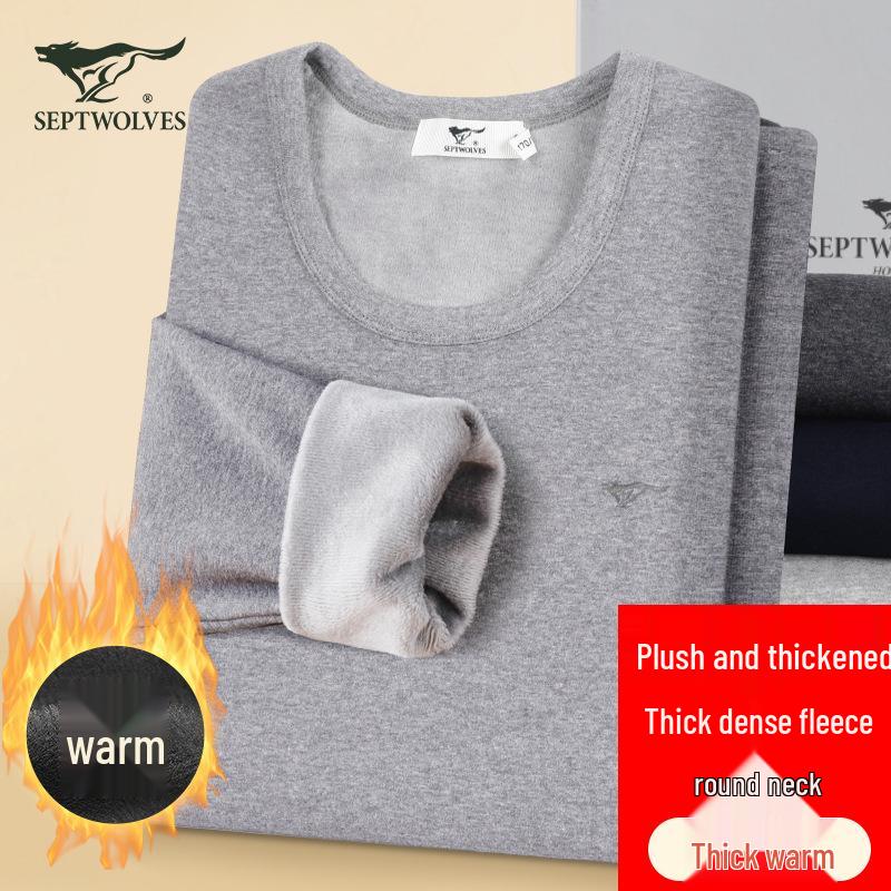 Septwolves Men's Velvet Thick Thermal Underwear Set, Autumn/Winter, Round Neck, Cold-Proof.