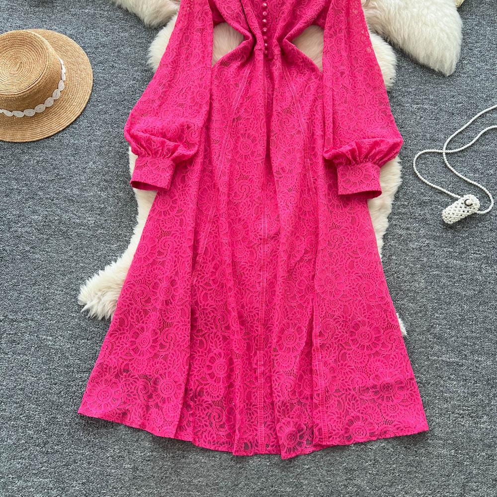 French Court Style Dress Women's Autumn High-end Single-breasted Waist and Thin Temperament Lace Long Dresses