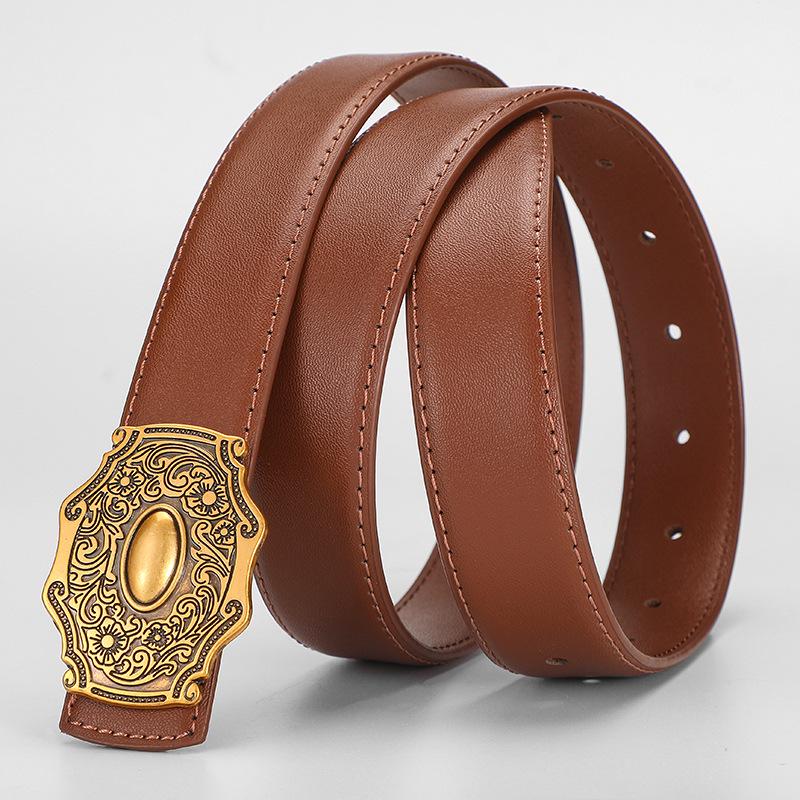 Dámský opasek z pravé hovězí kůže v retro vyřezávaném stylu - jednoduchý literární styl pro běžné nošení v džínách