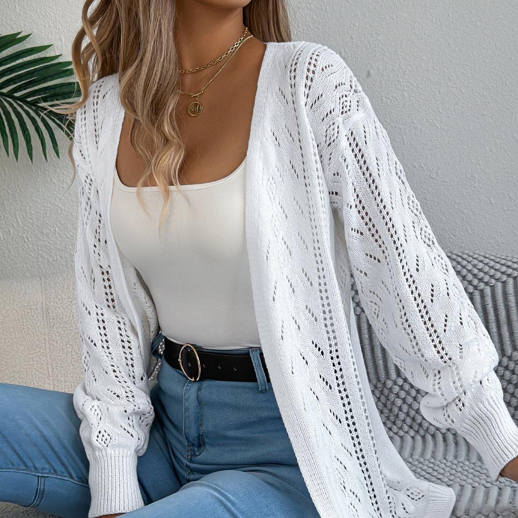 Early Autumn Casual Hollowed-out Lantern Long-sleeved Cardigan Sweater Mid-length Coat Women's Clothing