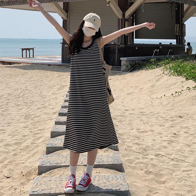 YYFS Dámská móda Léto Jaro Pruhovaný potisk Bez rukávů U výstřih Volný pas Ležérní šaty