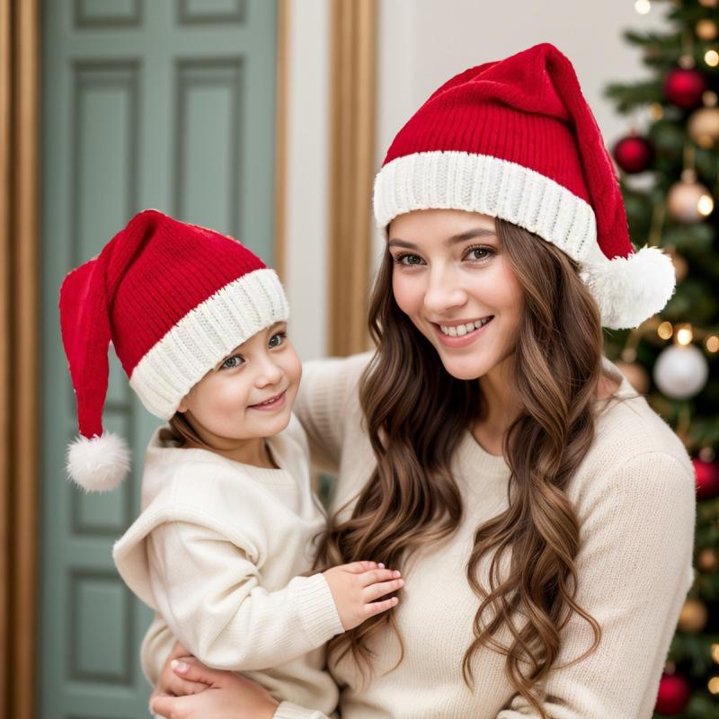 Christmas Warm Knitted Woolen Hat Winter Red Santa Hat Holiday Dress Parent-Child Woolen Hat