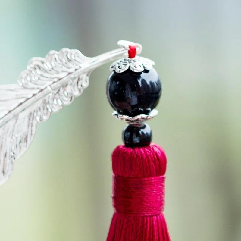 Fashion Classical Chinese Style Silver Metal Leaf Feather Tassel Bookmark Document Book Mark Label Christmas Gifts