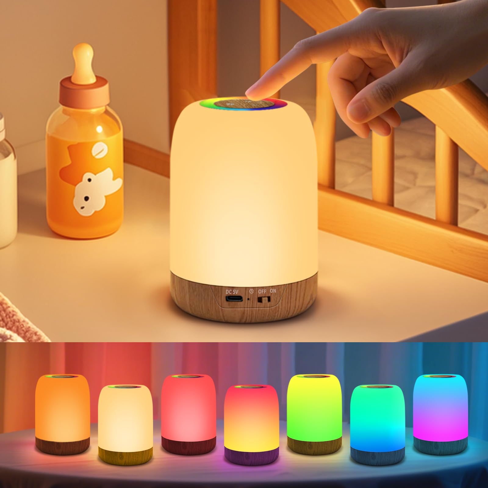

AmmToo Bedside Lamp, Ambient Lighting, Nursing Light, Touch-Activated Night Light, Dimmable, Color-Adjustable, Diaper Changing Lamp, Rechargeable