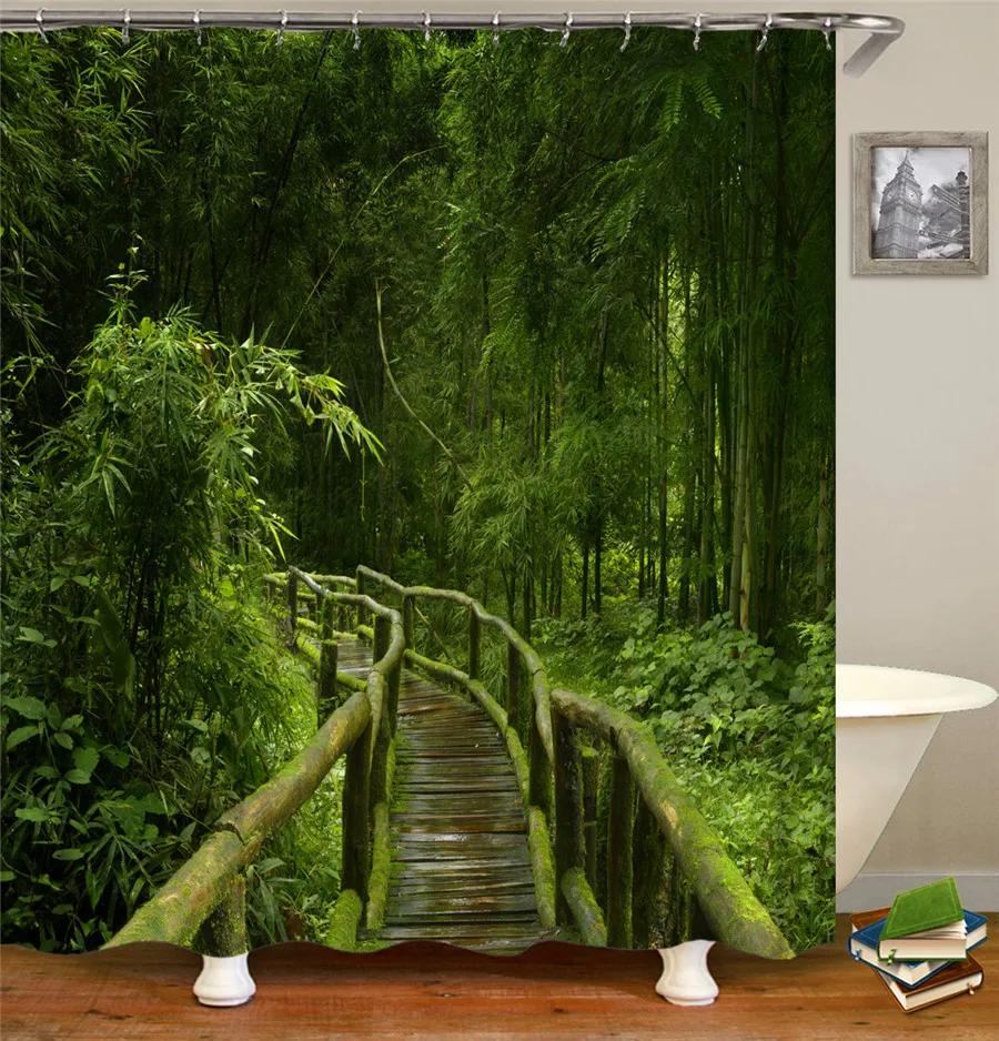 Green Forest Trees Scenery Bath Curtain Shower Curtains Bathroom Waterproof Polyester Fabric 3D Printed Bath Screen 12 Hooks Mat