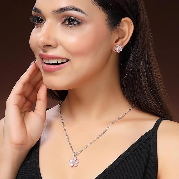 Rhodium Plated Silver Toned American Diamond Studded Floral Shaped Pendant Chain With Earrings Jewellery Set For Women And Girls