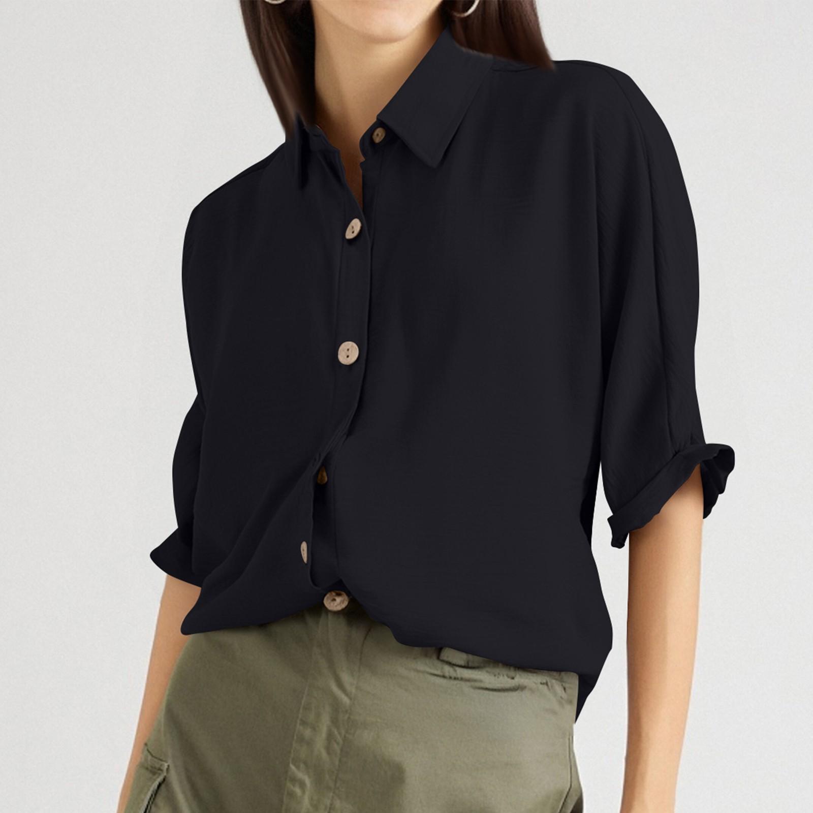 

Женские однотонные рубашки с лацканами на весну и лето, повседневные рубашки с застежкой на пуговицы L чёрный