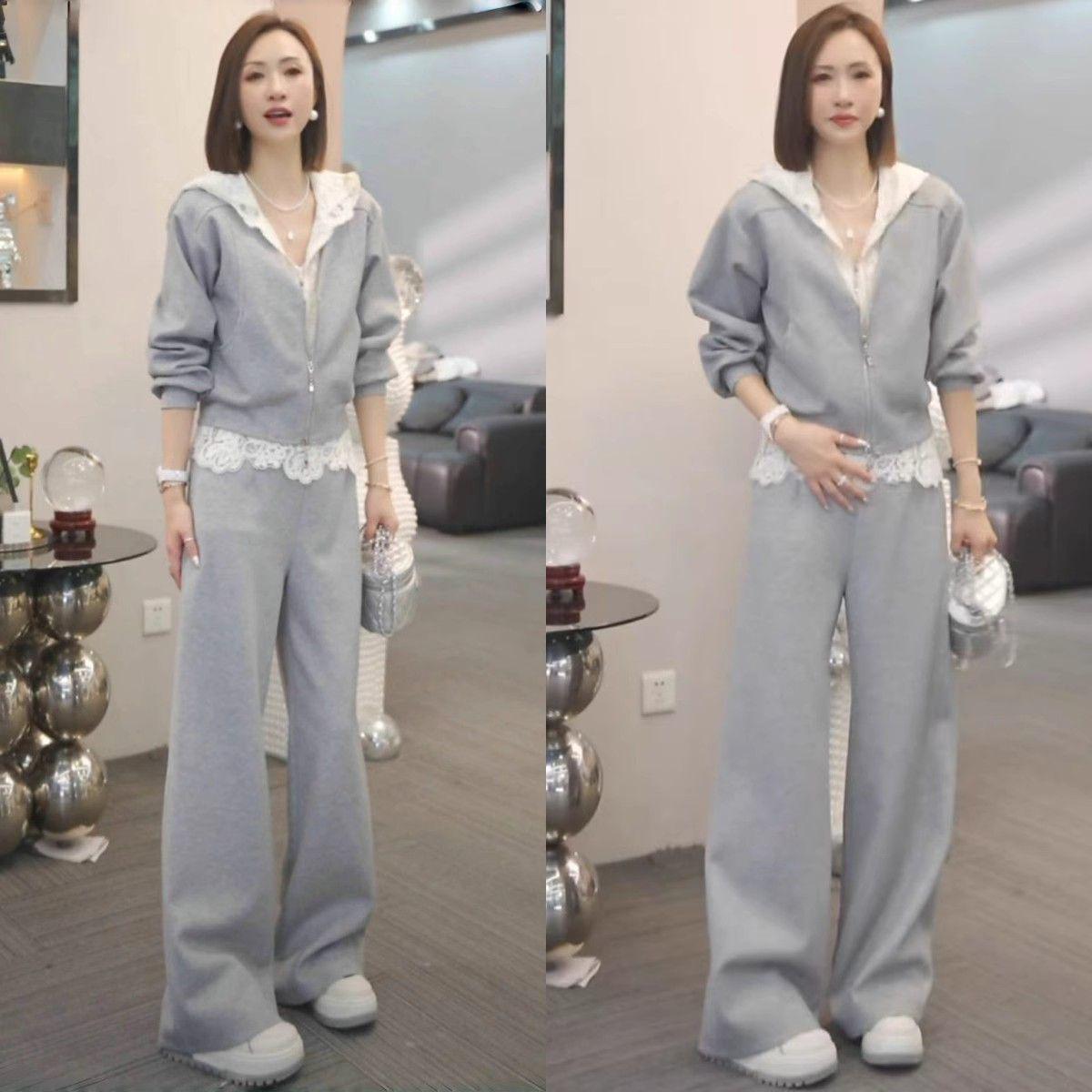 

2026 Korean Style Women s Spring Hoodie & Wide-Leg Pants Set - Fashionable, Age-Reducing, Faux Two-Piece Design. S (Weight 80-95kg)
