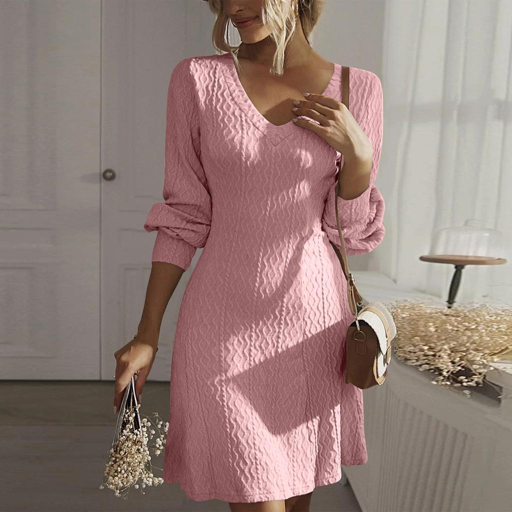 Women's Workwear Fashionable Autumn Dress V-neck Knitted A-line Long Sleeved Dress