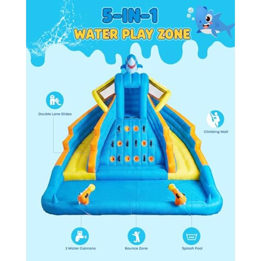 Backyard kids inflatable water slide bounce house: PVC, blue/red, 13ft double lane with splash pool, climbing wall, water canno