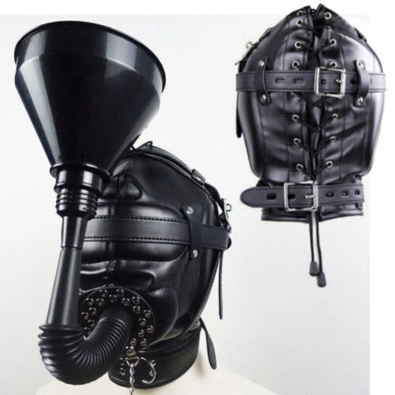 PU Leather Mask Hood Oral Gag Headgear with Funnel Detachable Cover Bondage Gimp Sexy Costume Sex Toys for Men Women