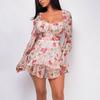 Women's Floral Print Square Neck Long Sleeve Jumpsuit with Zipper, Self-Tie Belt and Ruffle Hem