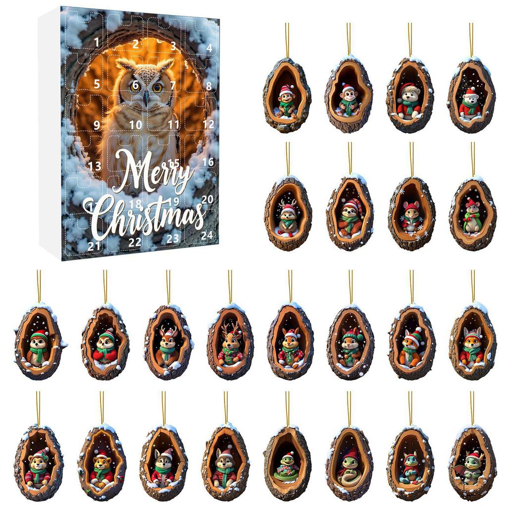 Weihnachts-Countdown-Kalender Verschleißfest Liebenswertes Tier Adventskalender Mini-Baumloch Acryl-Anhänger für Zuhause Party Auto Dekoration