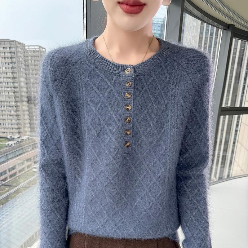 Lekasha 100% Cashmere Mink Velvet Seven-Button Cable Knit Sweater