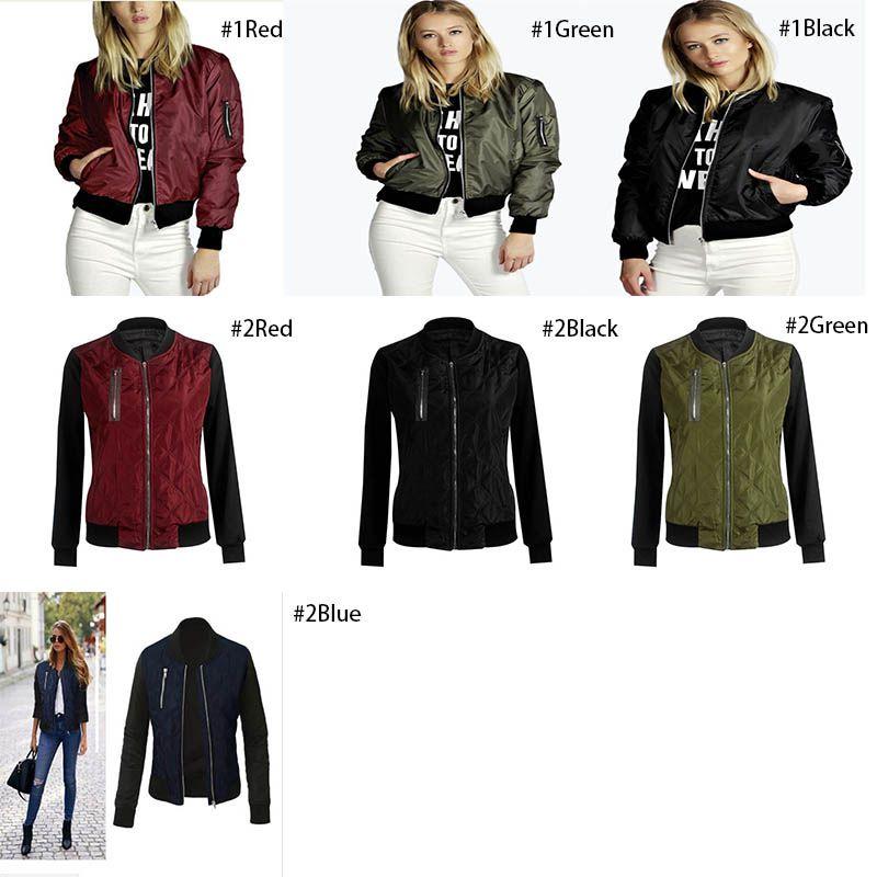 Stylish Womens Classic Padded Bomber Jacket Vintage Zip Biker Coat Long Sleeves