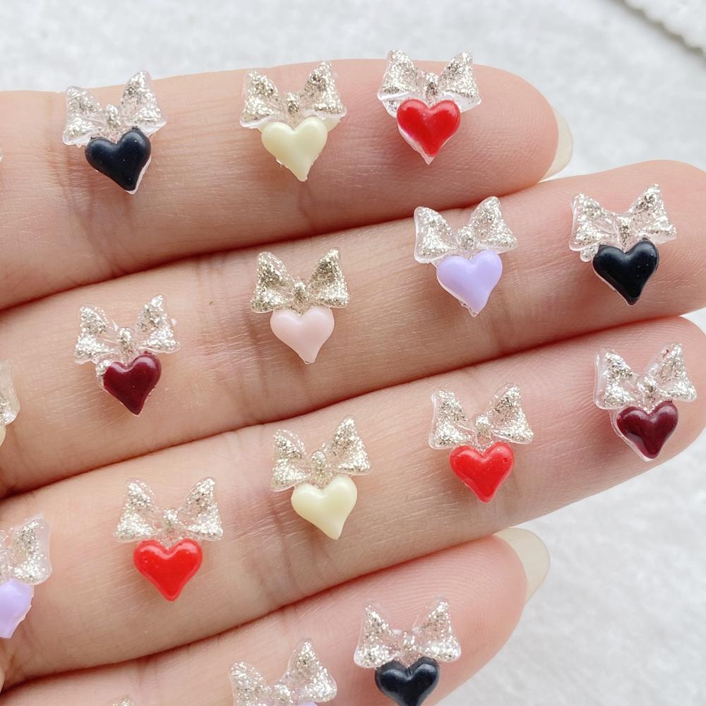 100Pcs Resin 3D Colorful Mini Crystal bow heart-shaped Gems Flatback Figurines Scrapbook Wedding Applique Nail Art Decor Crafts